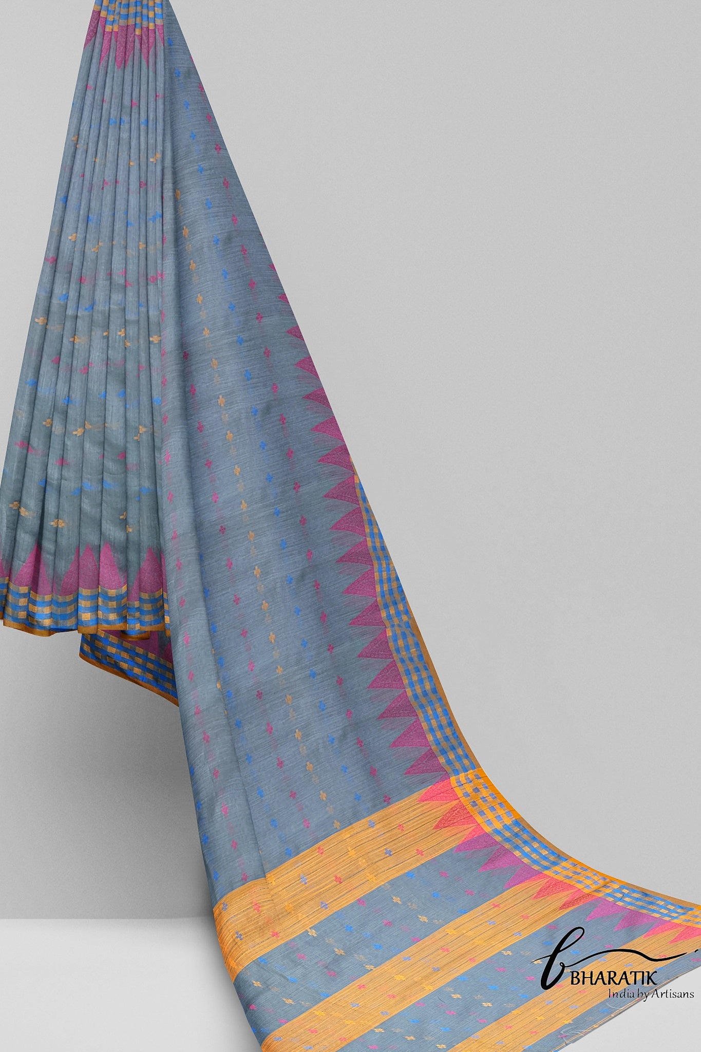 Silk Cotton Saree - Gray & Yellow