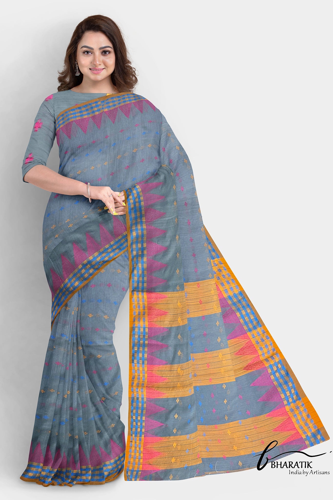 Silk Cotton Saree - Gray & Yellow