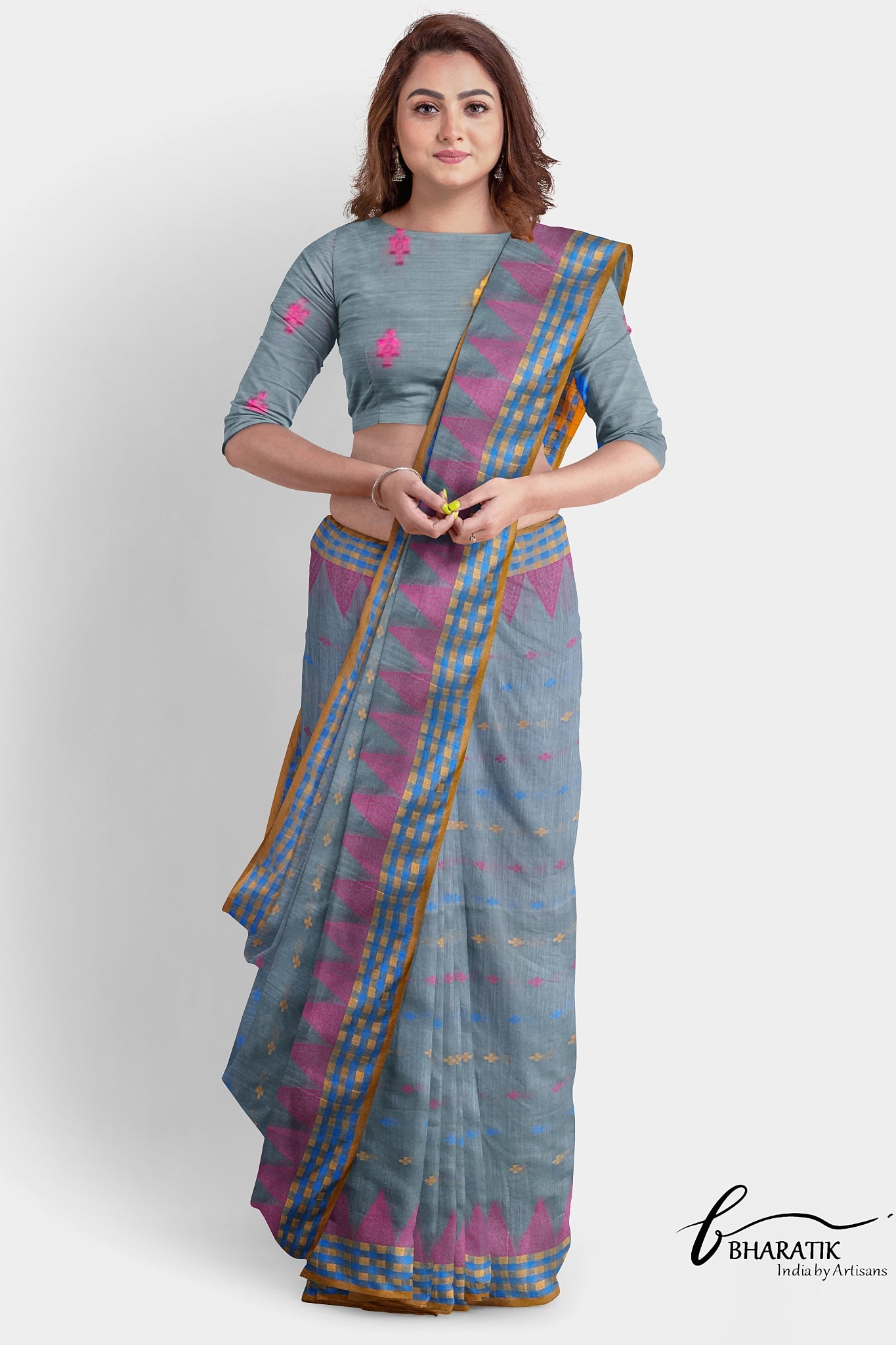 Silk Cotton Saree - Gray & Yellow