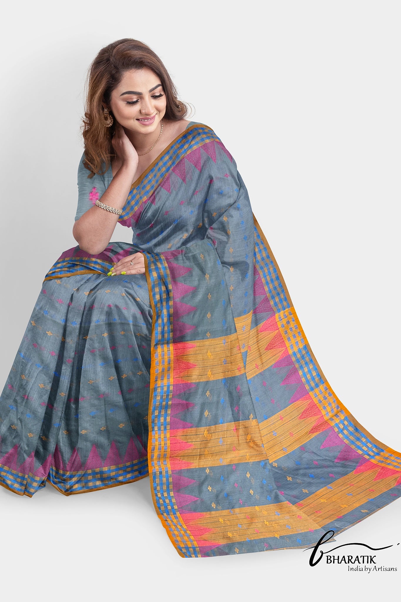 Silk Cotton Saree - Gray & Yellow