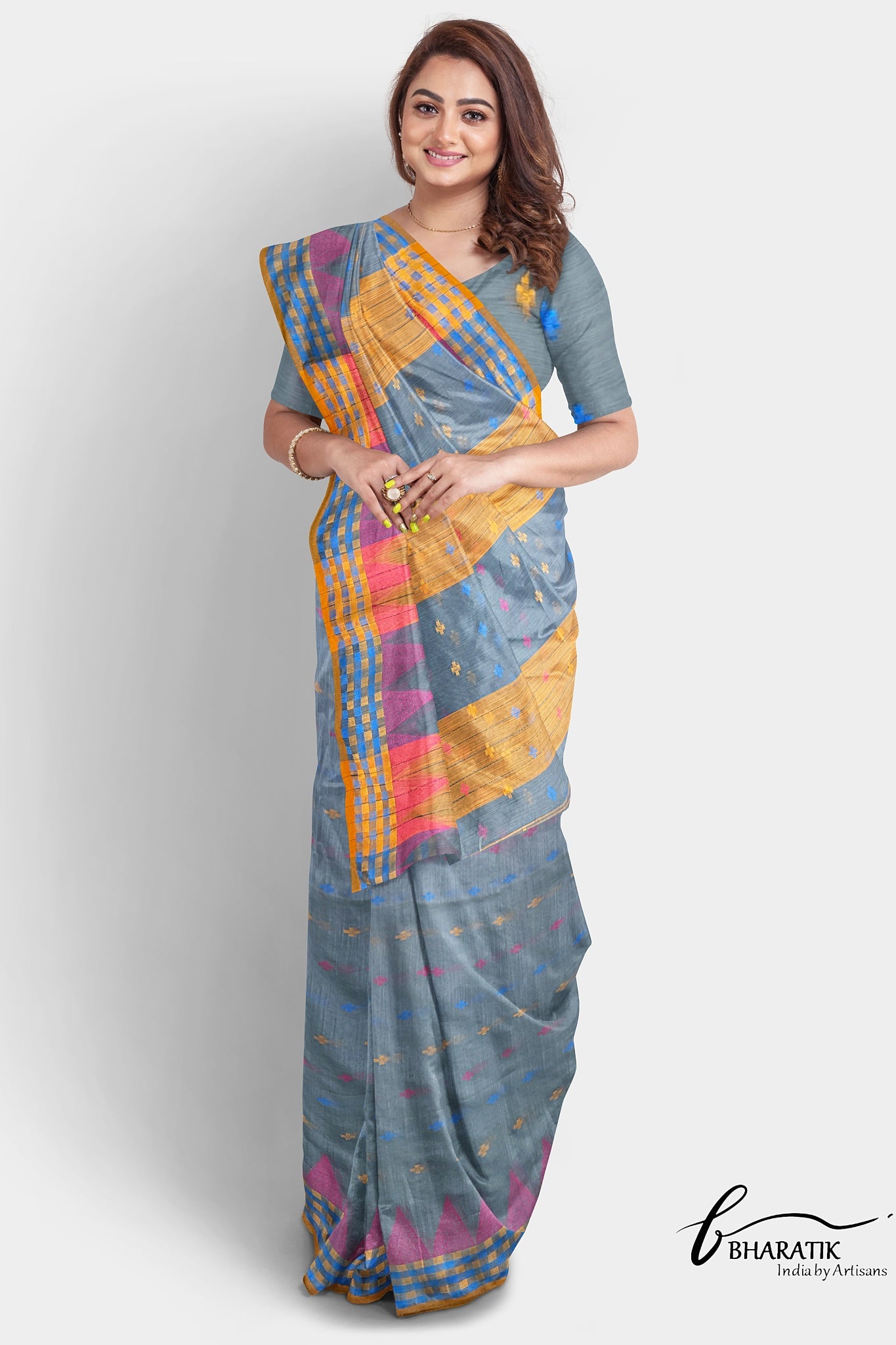 Silk Cotton Saree - Gray & Yellow