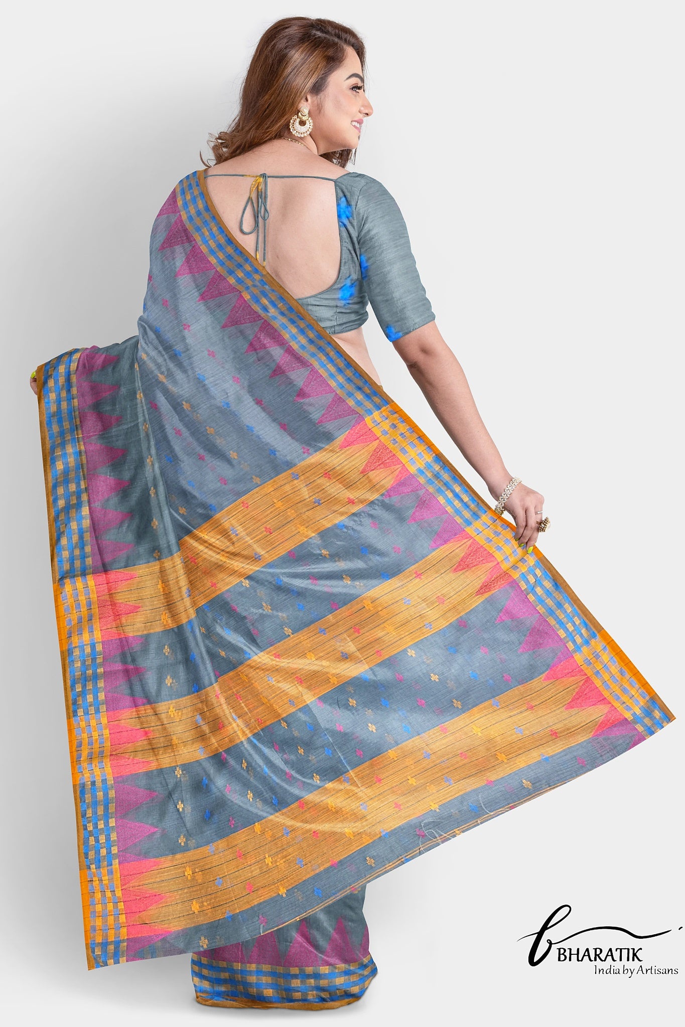 Silk Cotton Saree - Gray & Yellow