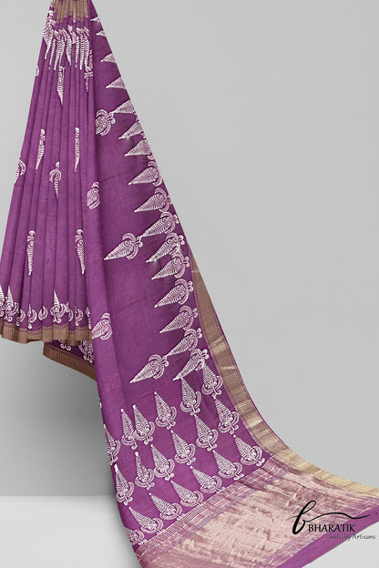 Assam Silk Saree with Bafta Block Print - Light Purple