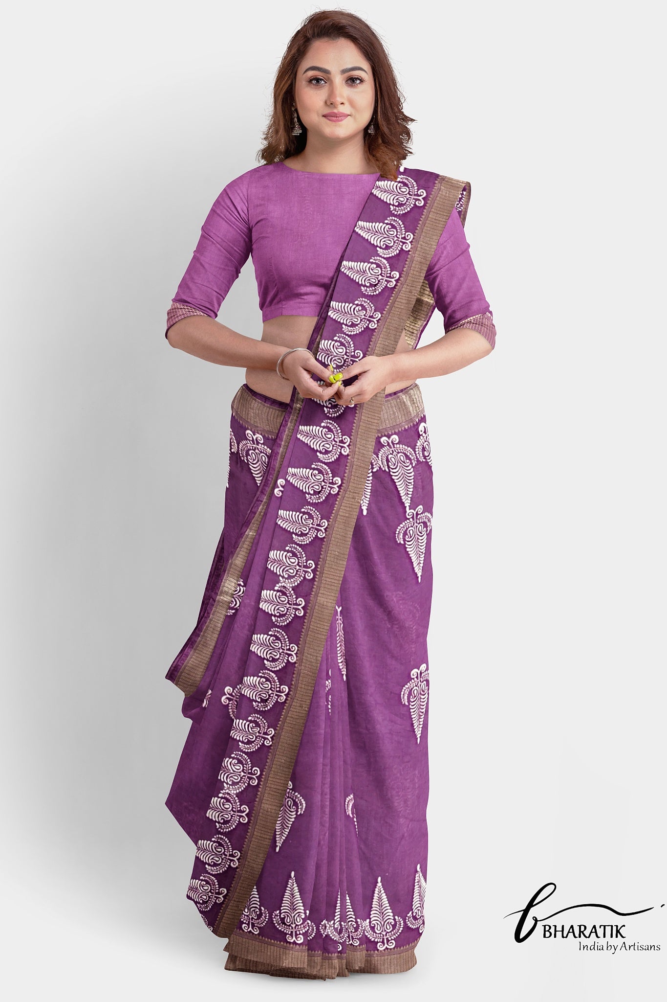 Assam Silk Saree with Bafta Block Print - Light Purple