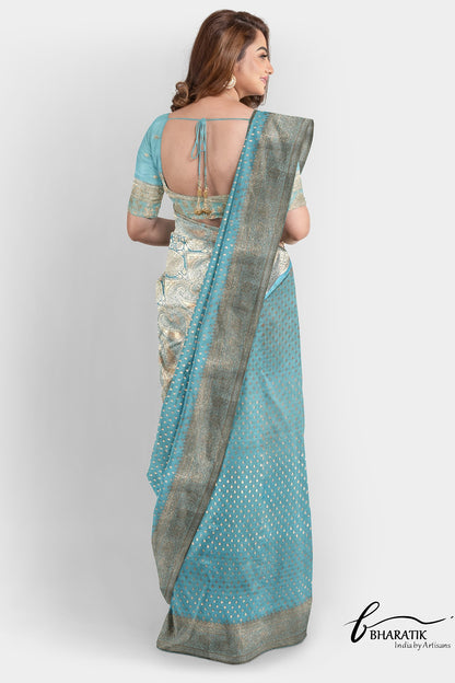 Katan Silk Saree with Gold Embroidery - Light Teal