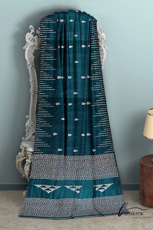 Silk Cotton Saree with Handloom work - Bottle Green