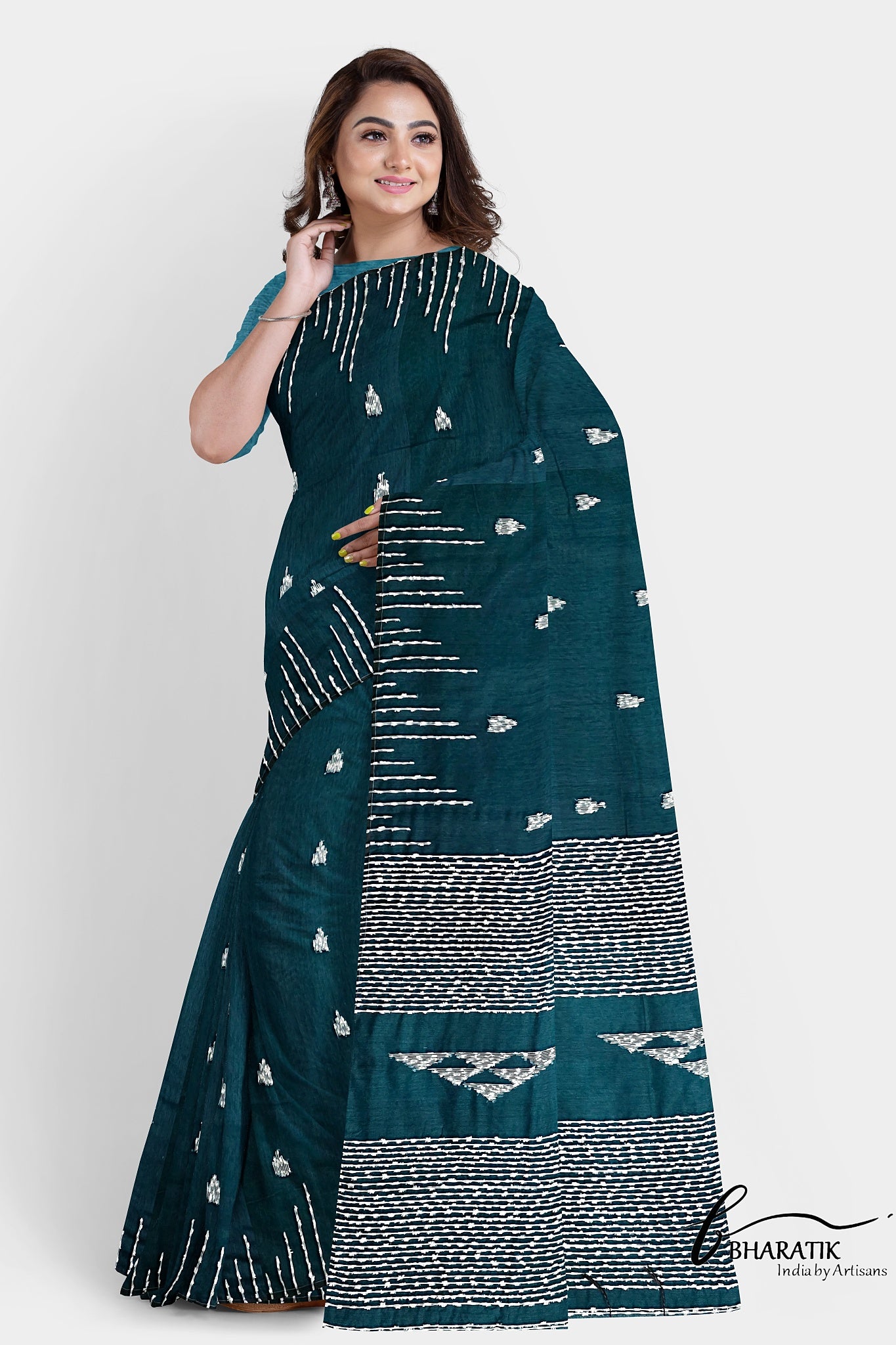 Silk Cotton Saree with Handloom work - Bottle Green