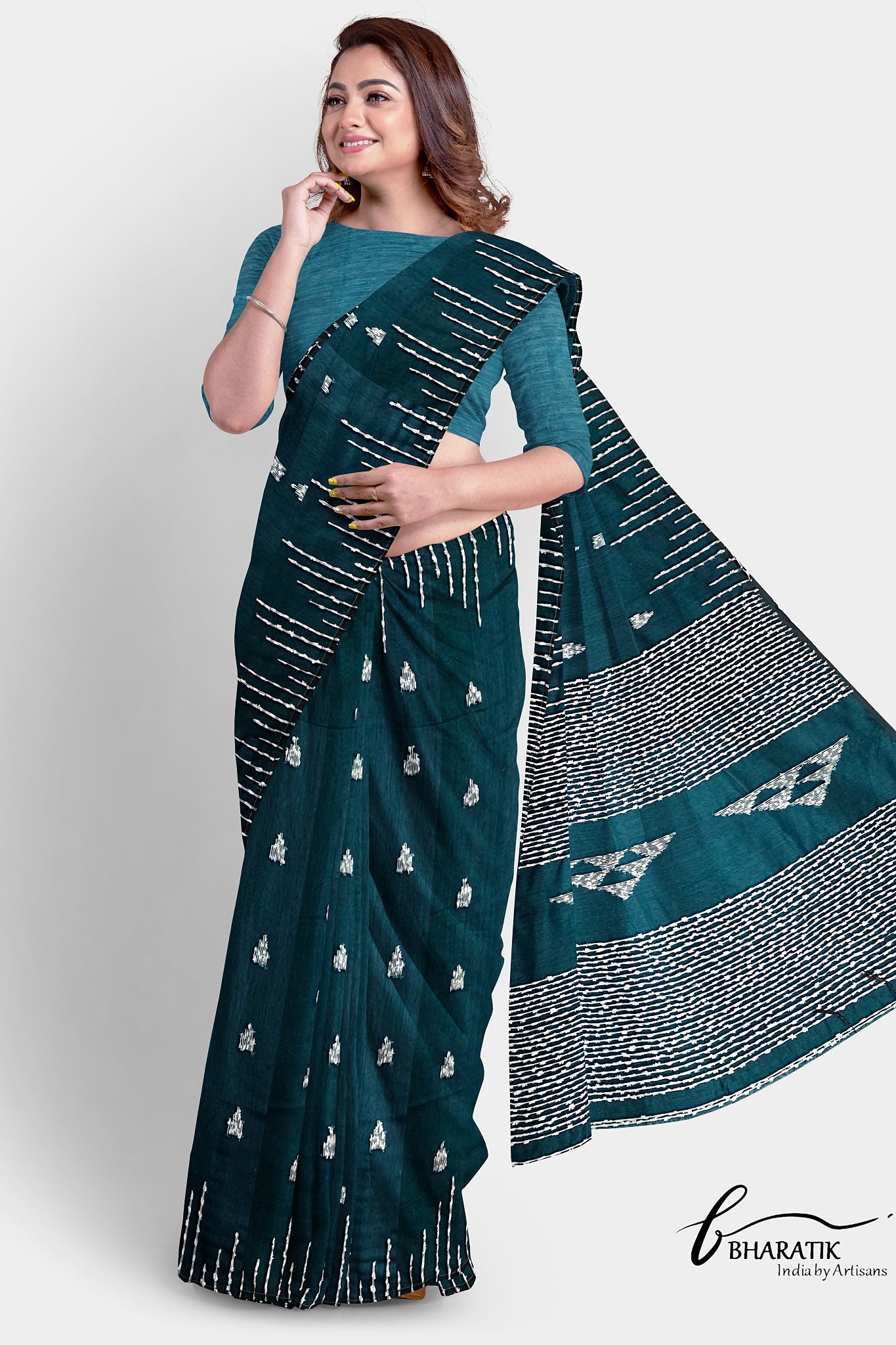 Silk Cotton Saree with Handloom work - Bottle Green