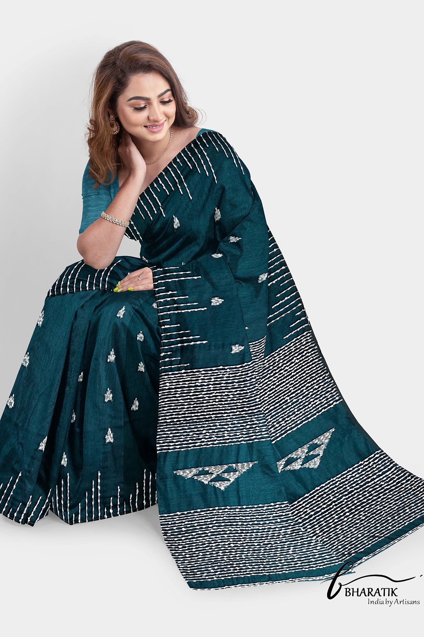 Silk Cotton Saree with Handloom work - Bottle Green