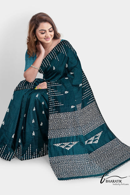 Silk Cotton Saree with Handloom work - Bottle Green