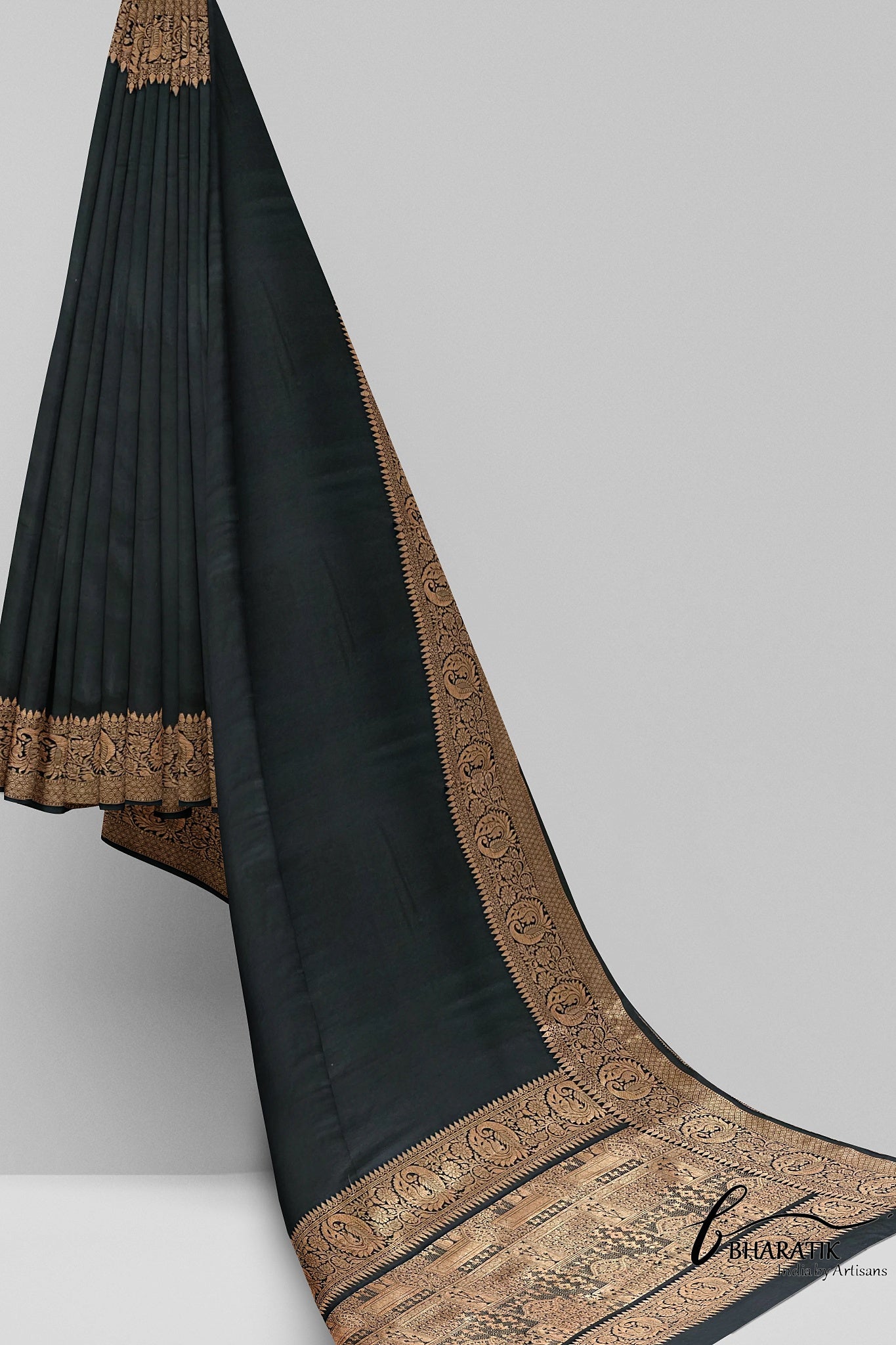 Silk Cotton Saree with Copper Embroidery - Black