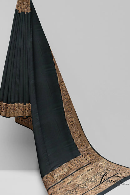 Silk Cotton Saree with Copper Embroidery - Black