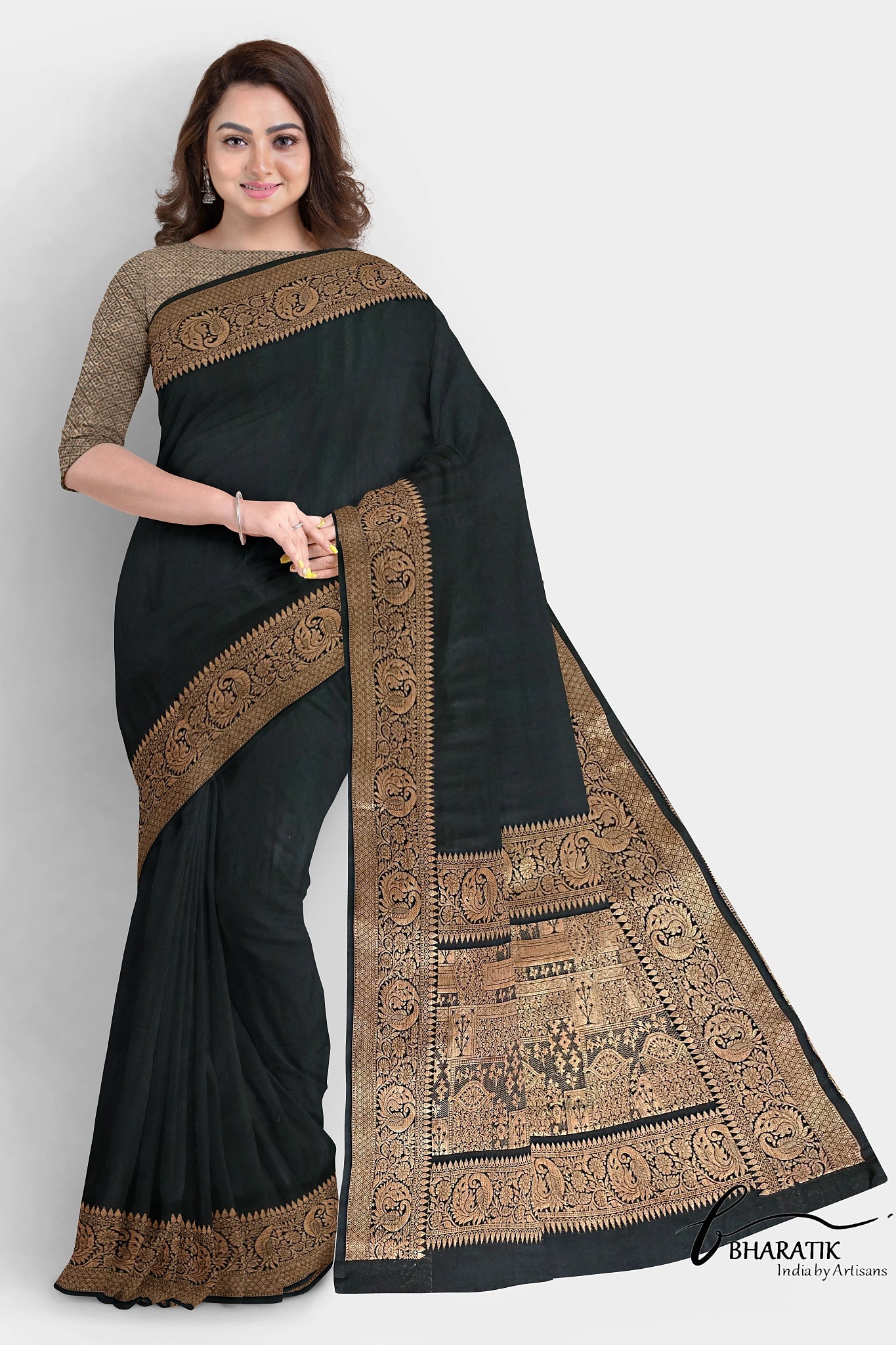 Silk Cotton Saree with Copper Embroidery - Black