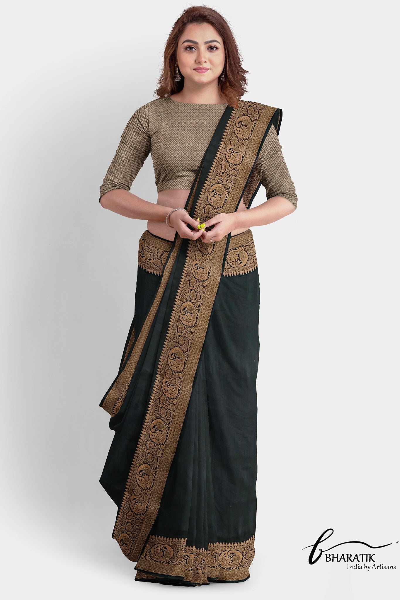 Silk Cotton Saree with Copper Embroidery - Black