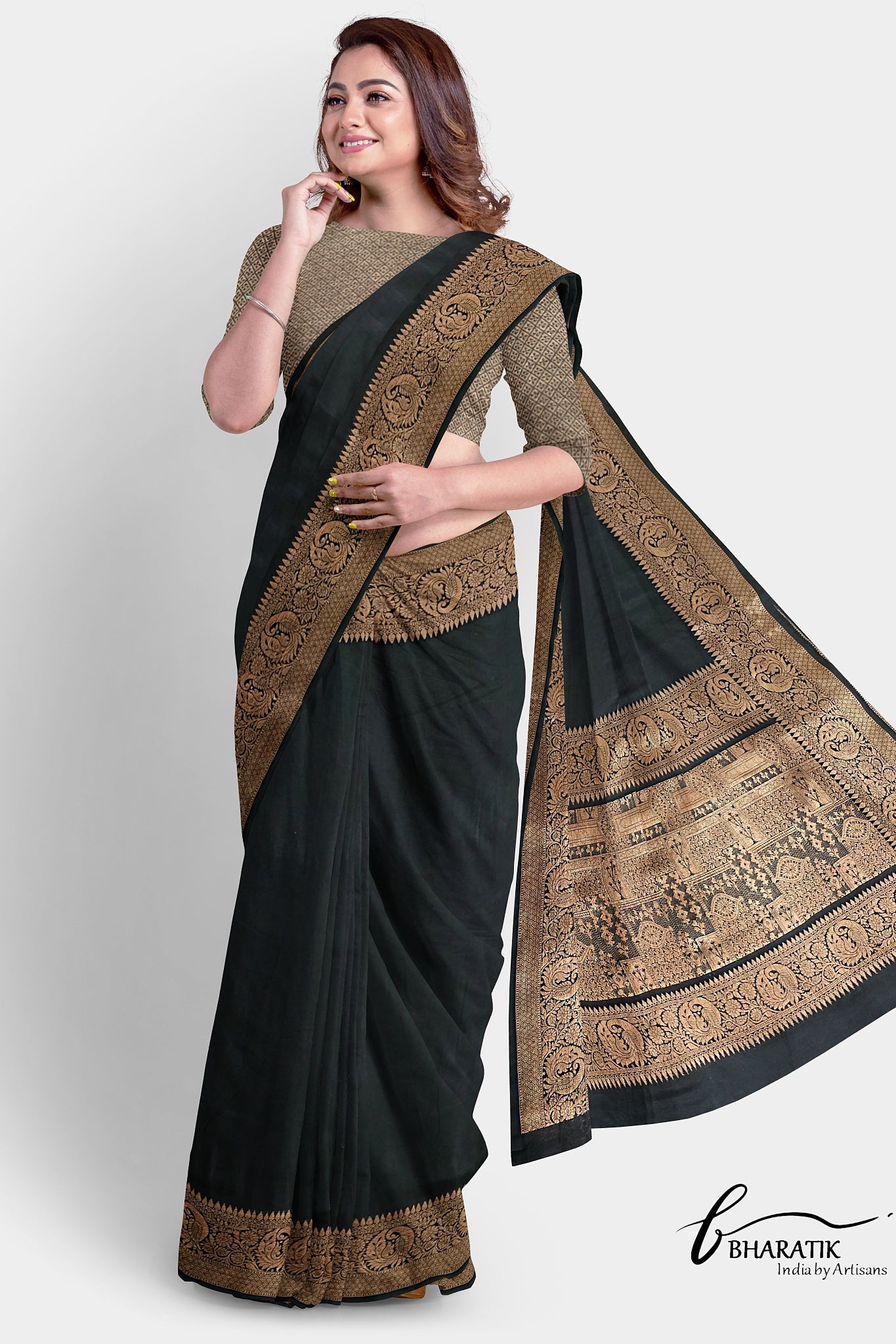 Silk Cotton Saree with Copper Embroidery - Black