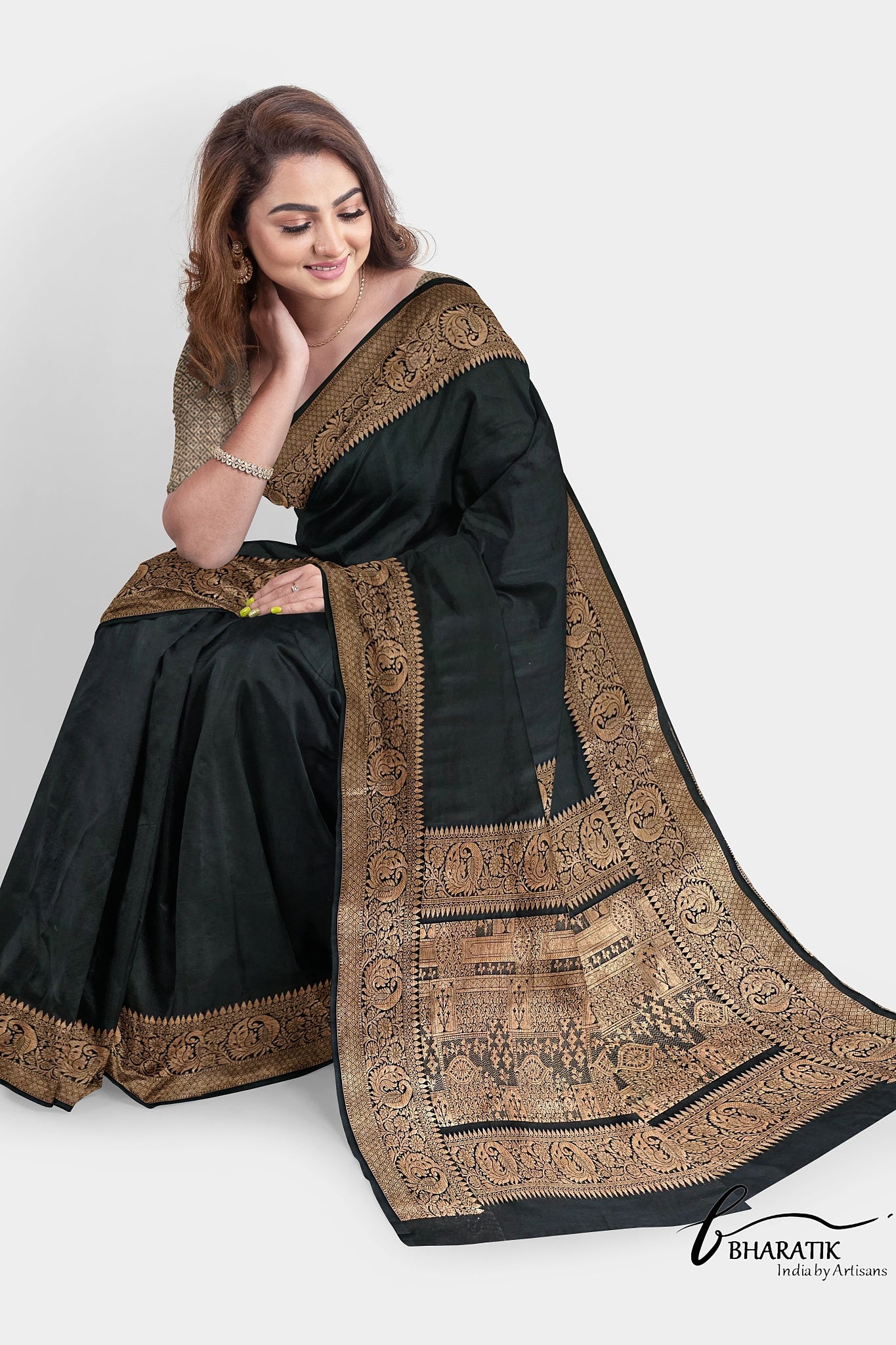 Silk Cotton Saree with Copper Embroidery - Black