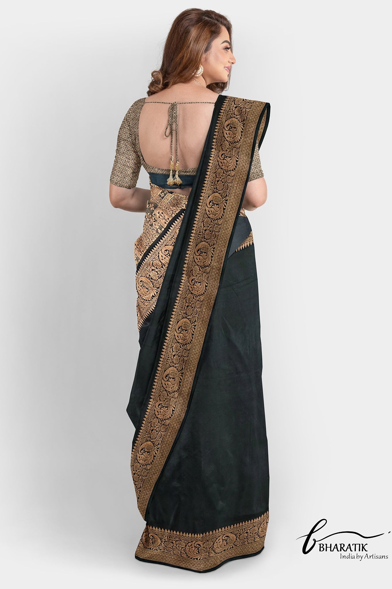 Silk Cotton Saree with Copper Embroidery - Black