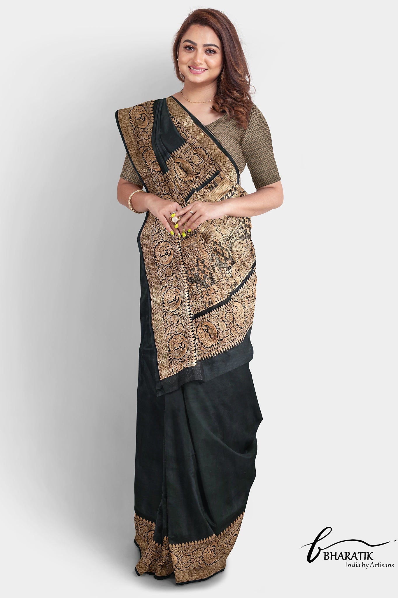 Silk Cotton Saree with Copper Embroidery - Black