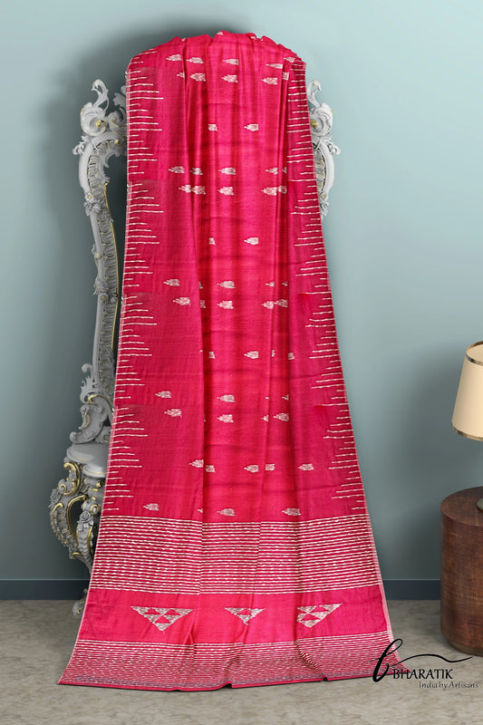 Silk Cotton Saree with Handloom work - Crimson