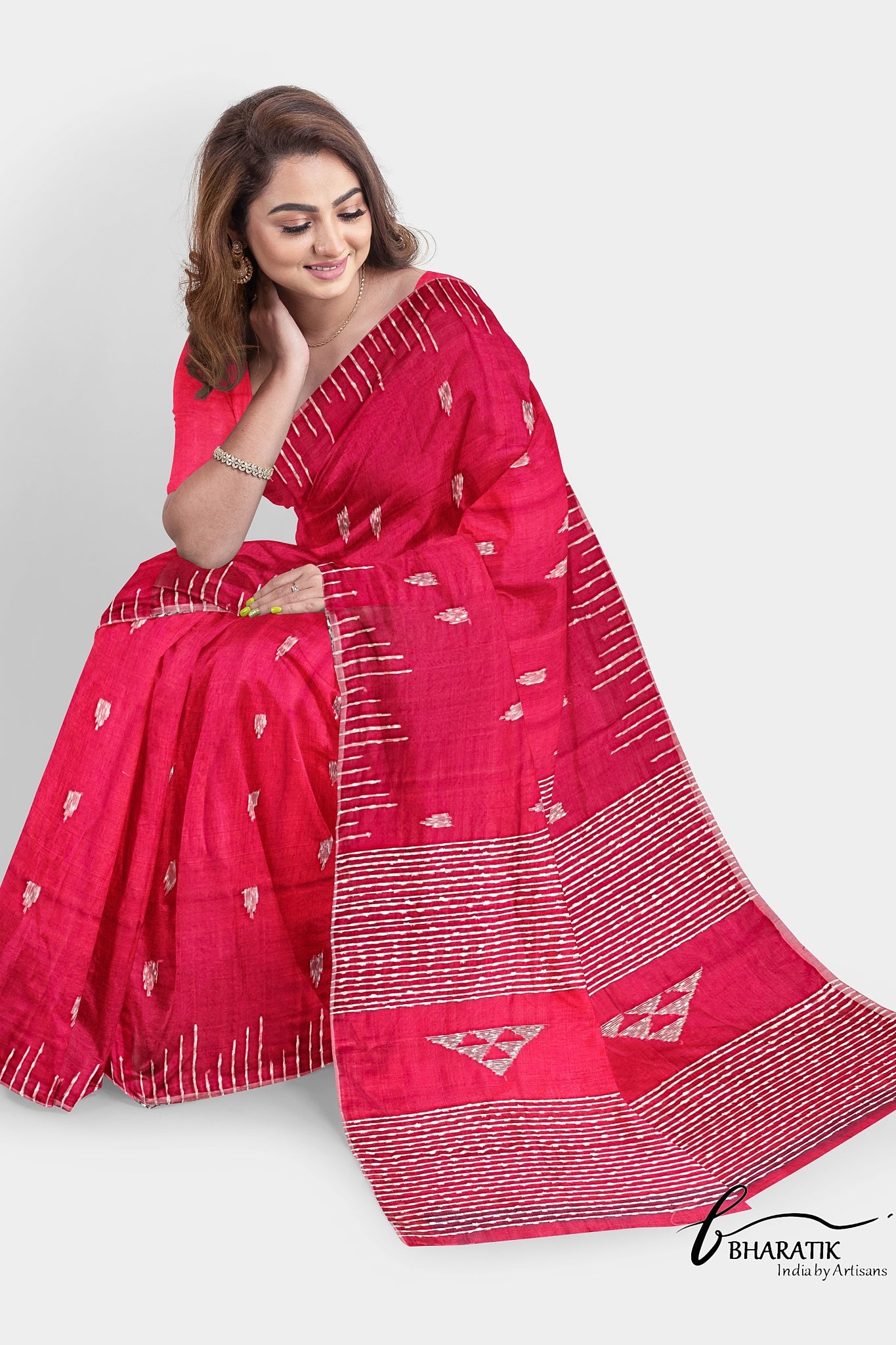 Silk Cotton Saree with Handloom work - Crimson