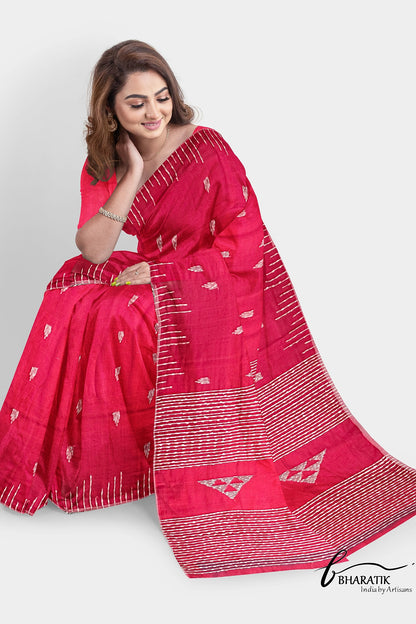 Silk Cotton Saree with Handloom work - Crimson