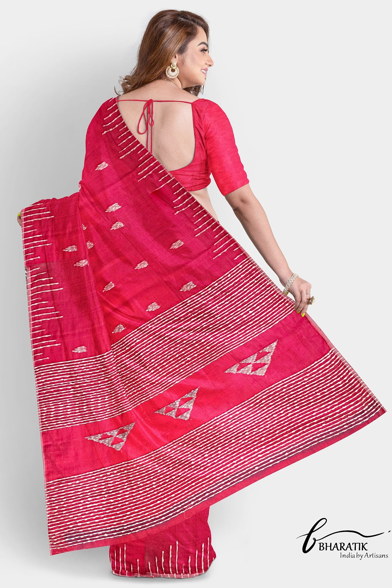Silk Cotton Saree with Handloom work - Crimson