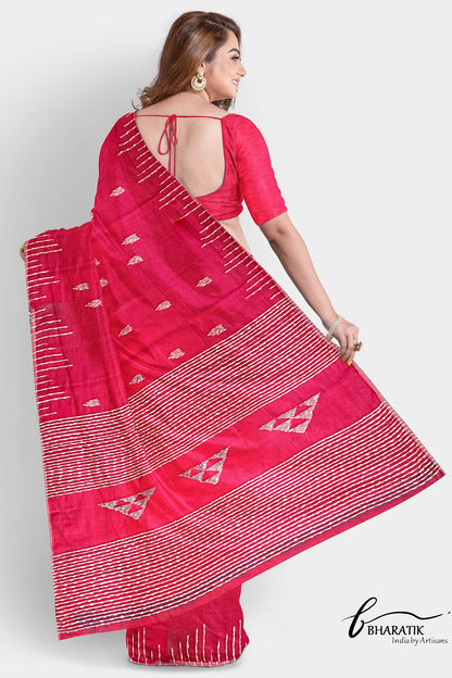 Silk Cotton Saree with Handloom work - Crimson