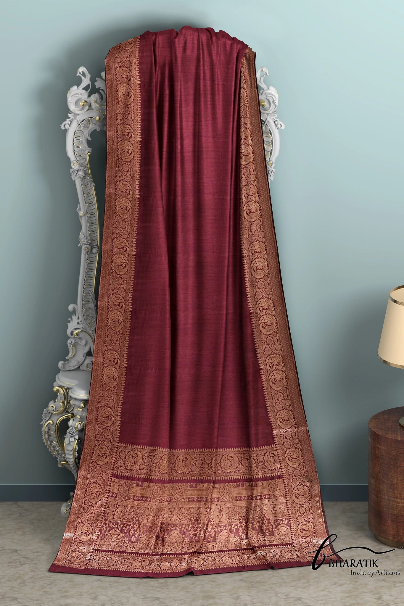 Silk Cotton Saree with Copper Embroidery - Maroon