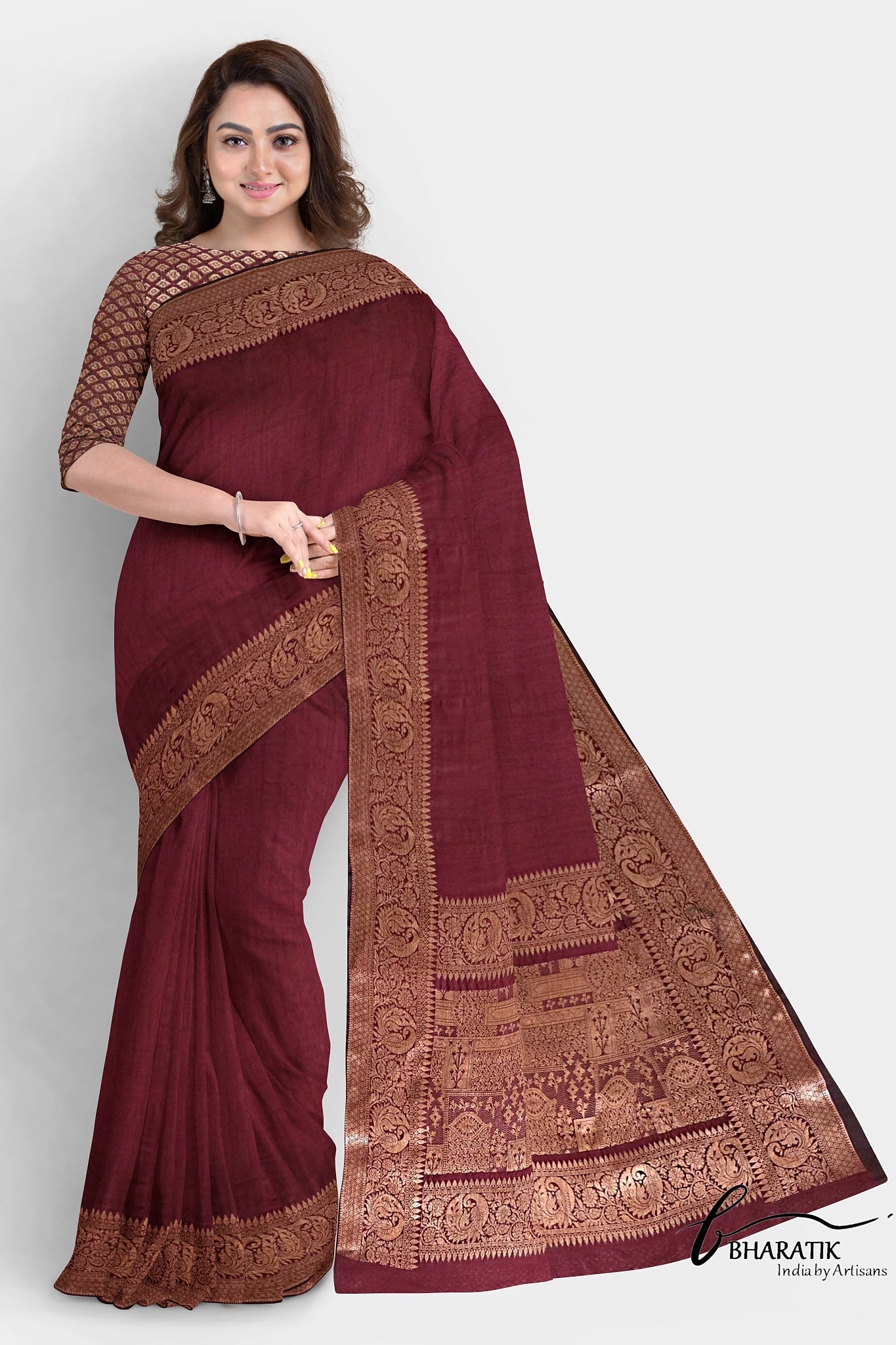 Silk Cotton Saree with Copper Embroidery - Maroon