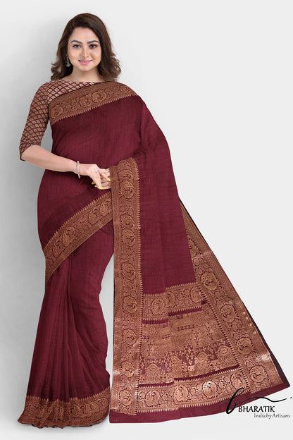 Silk Cotton Saree with Copper Embroidery - Maroon