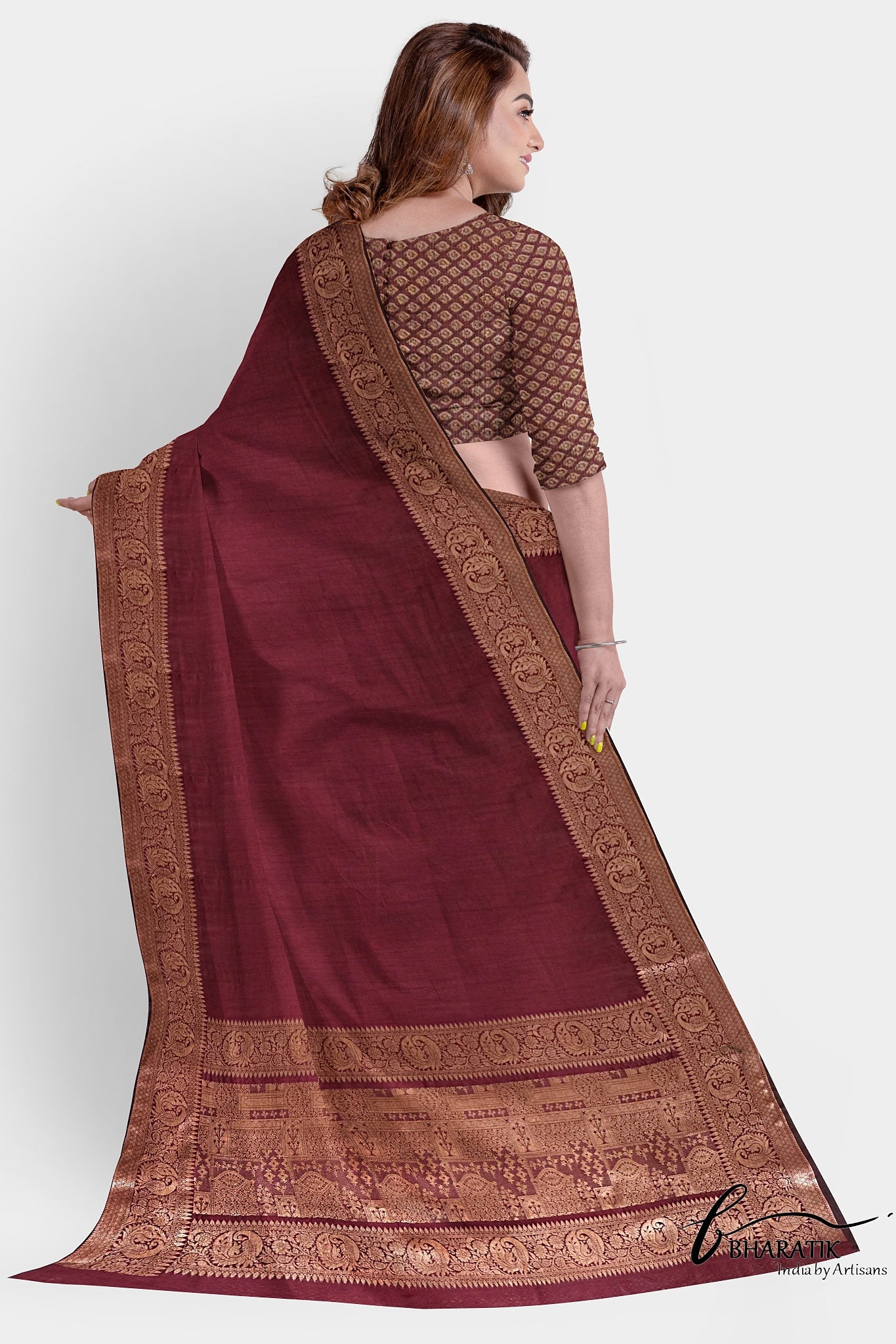 Silk Cotton Saree with Copper Embroidery - Maroon