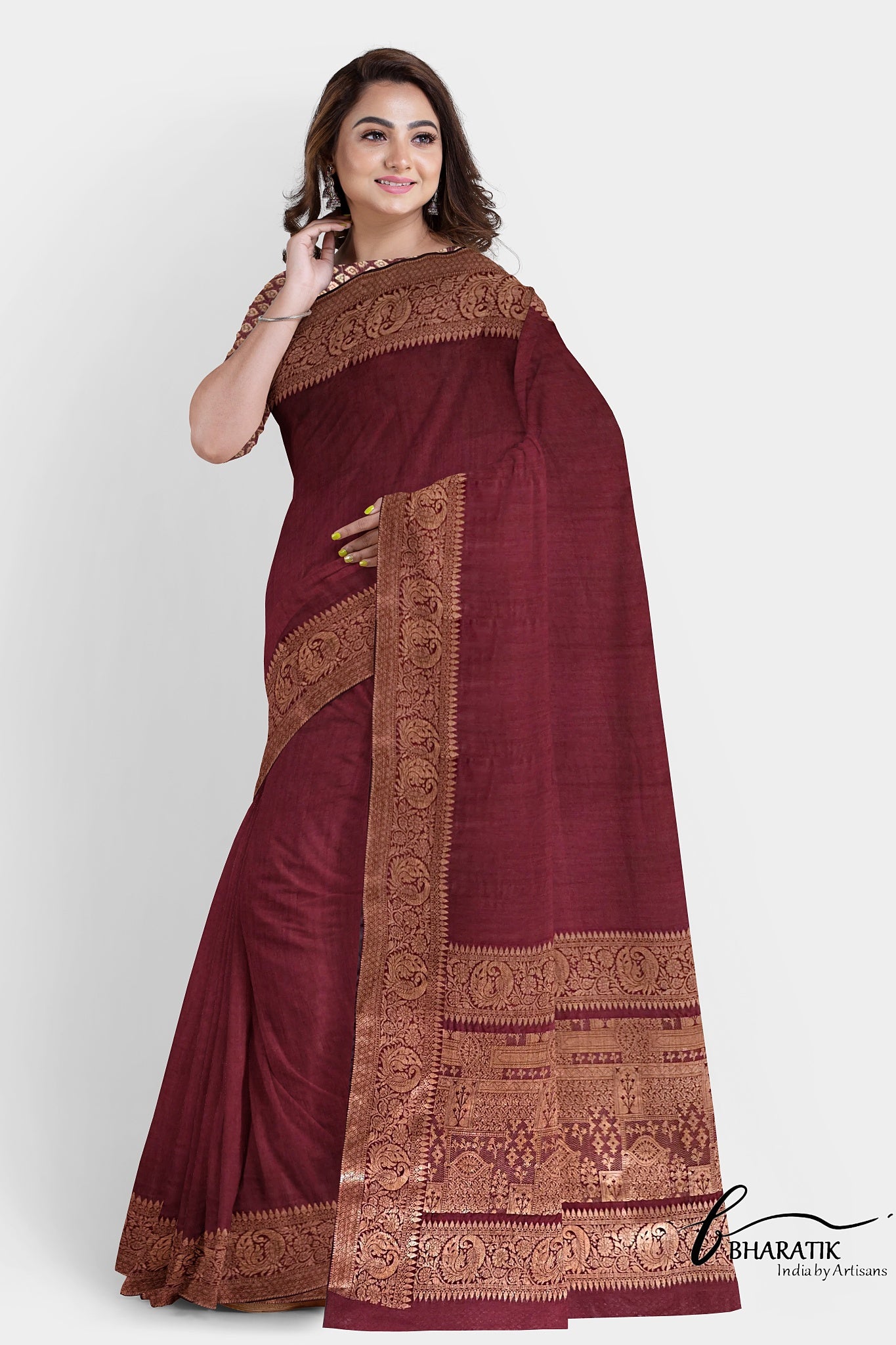 Silk Cotton Saree with Copper Embroidery - Maroon