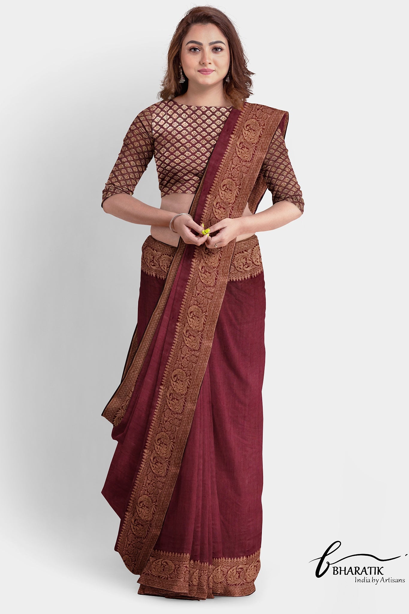 Silk Cotton Saree with Copper Embroidery - Maroon