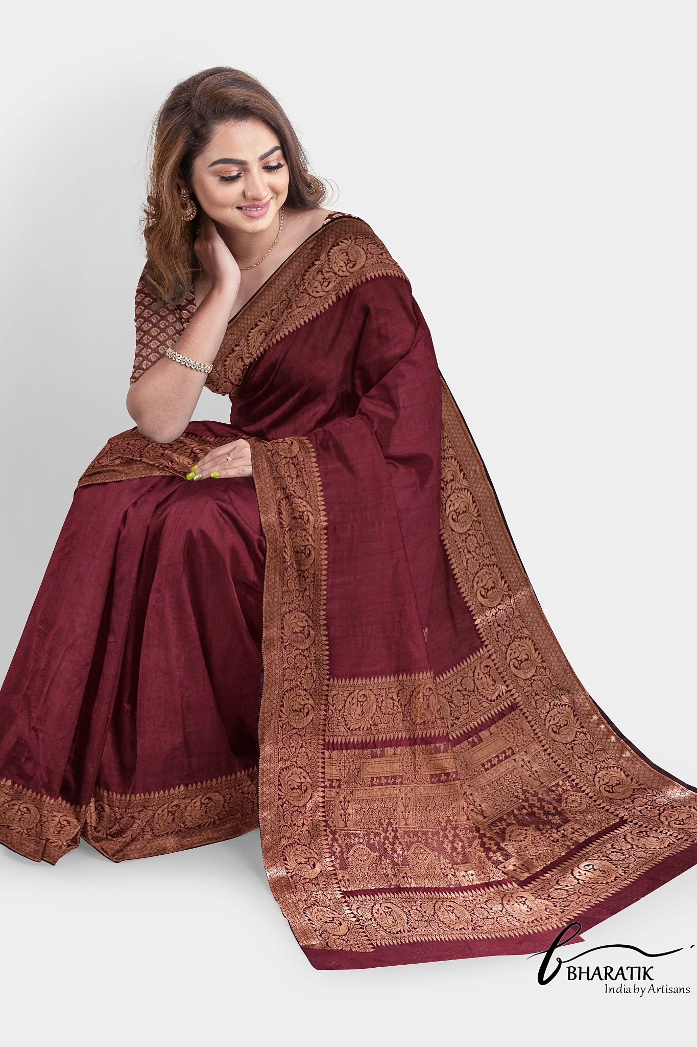 Silk Cotton Saree with Copper Embroidery - Maroon