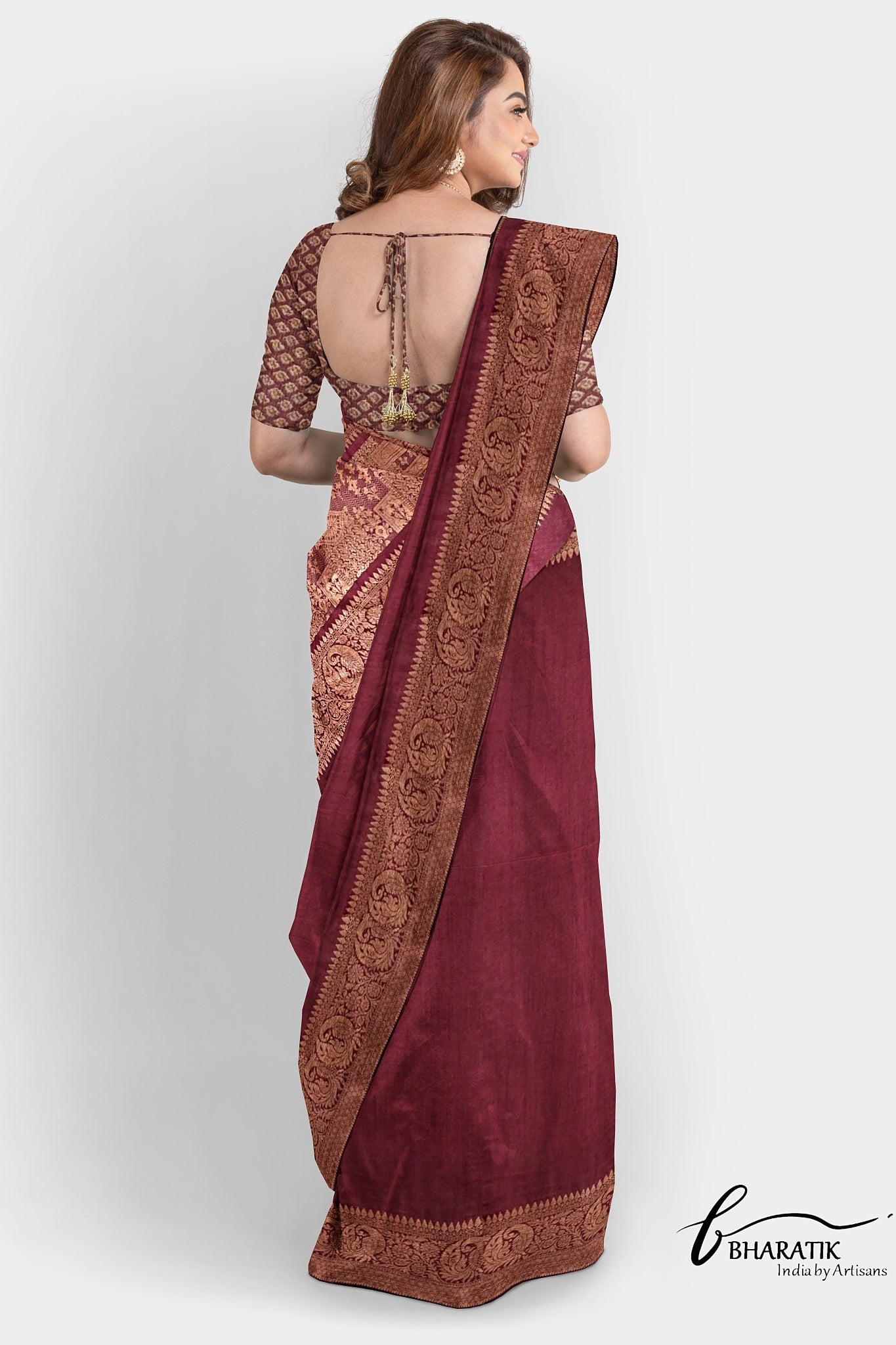 Silk Cotton Saree with Copper Embroidery - Maroon