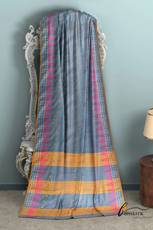 Silk Cotton Saree - Gray & Yellow