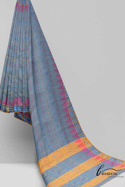 Silk Cotton Saree - Gray & Yellow