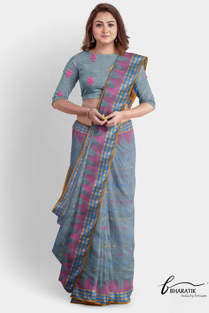 Silk Cotton Saree - Gray & Yellow