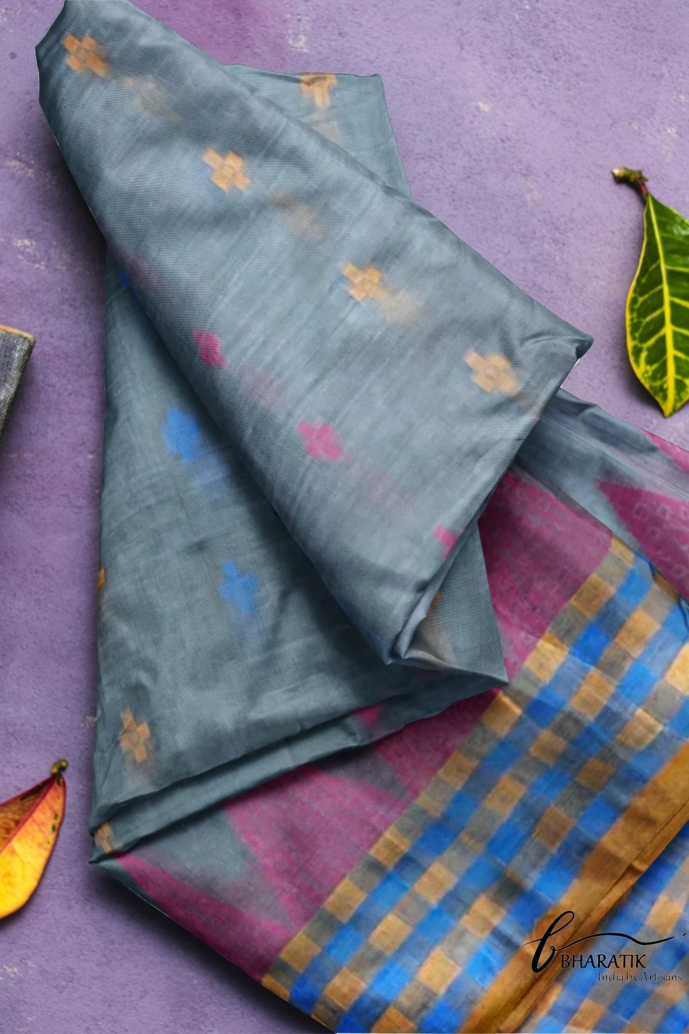 Silk Cotton Saree - Gray & Yellow