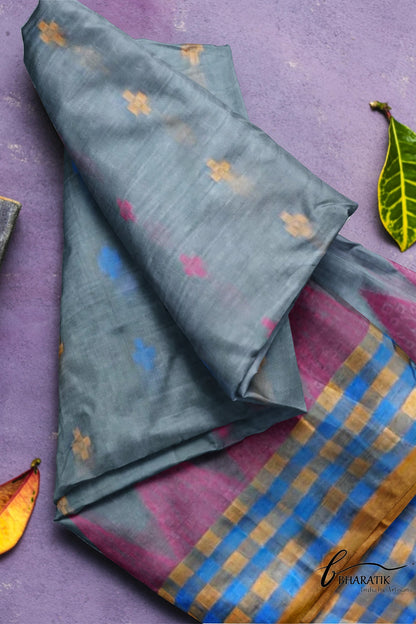 Silk Cotton Saree - Gray & Yellow