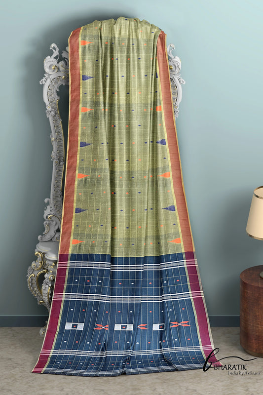 Silk Cotton Saree - Fern & Blue